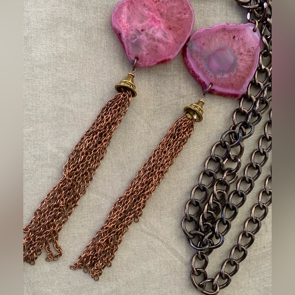 Dyed Orca Agate Slab Tassel Lariat Style Chunky Chain Vintage Necklace - Picture 7 of 7